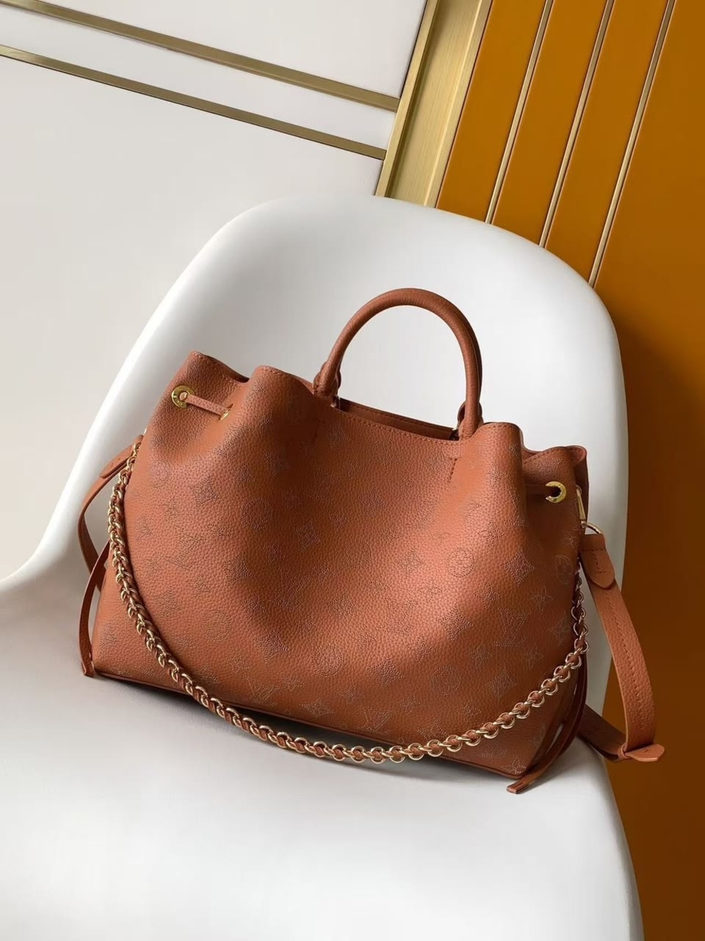Louis Vuitton Cognac Brown Monogram Leather Tote with Gold Chain